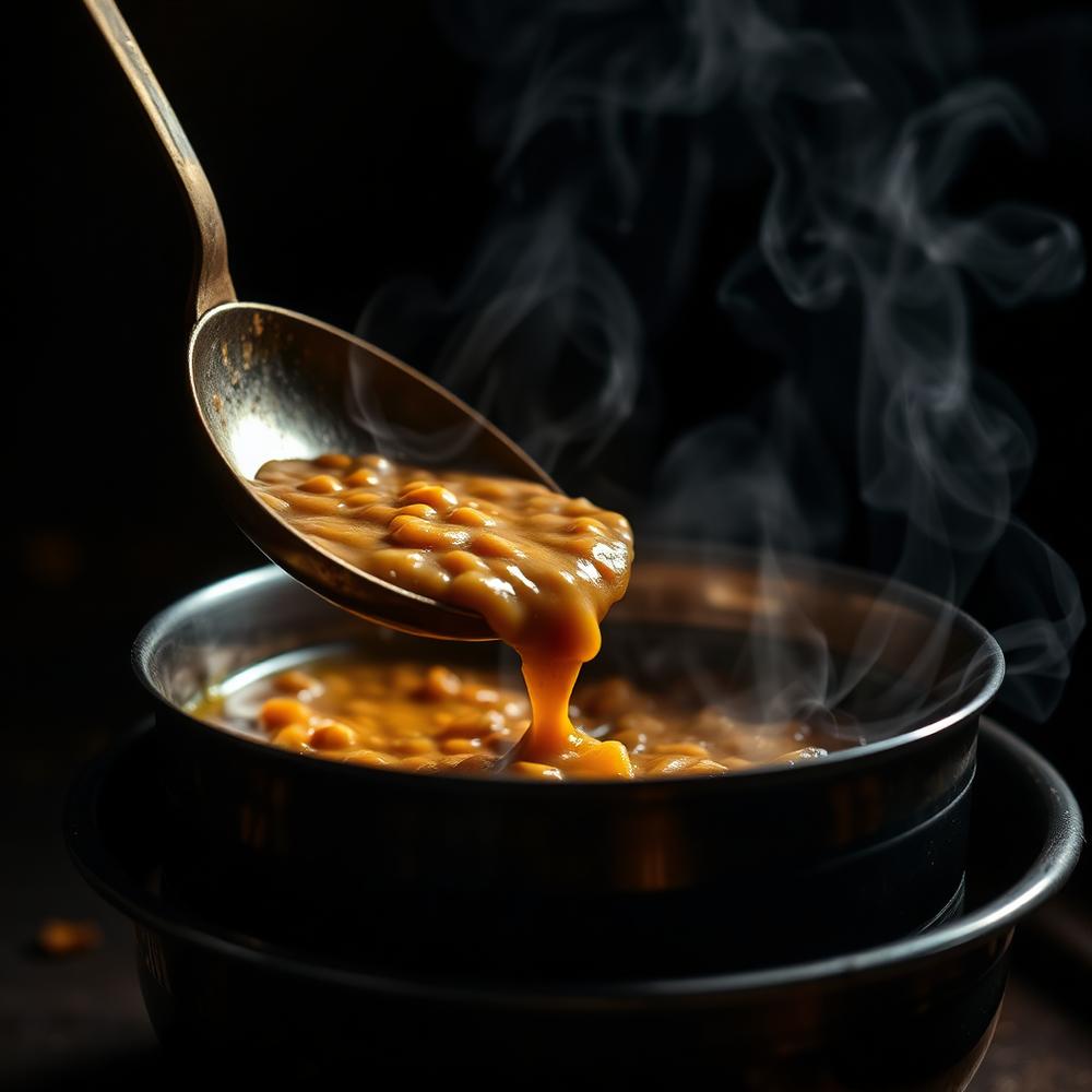 Hot dal poured from a brass ladle