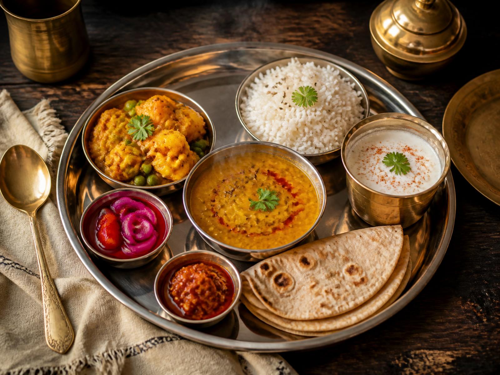 Homemade Indian thali with fresh rotis, dal, rice, sabzi, salad and homemade achar served on a steel plate