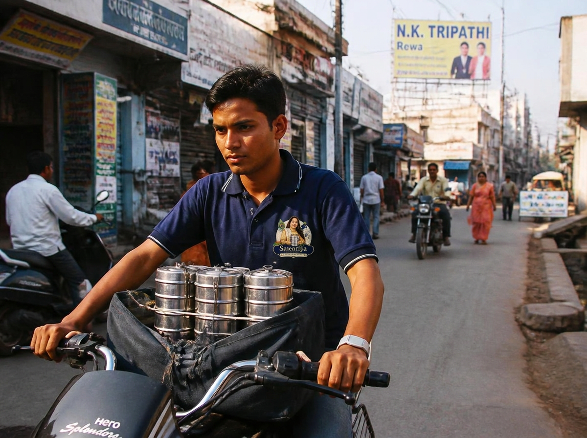 Shri Sawariya delivery rider carrying tiffins through a Rewa street