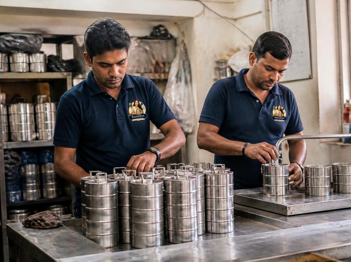 Shri Sawariya team in branded shirts packing steel tiffins