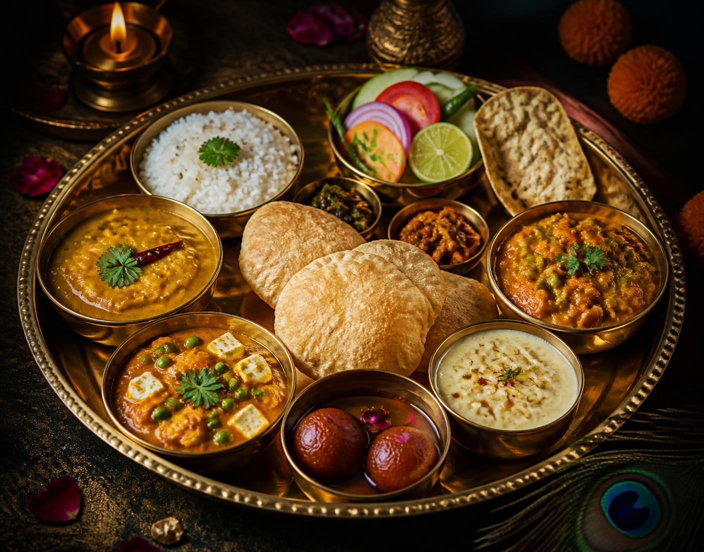 Sunday Special Thali served on a brass plate with poori, sabzi, dal, rice, papad, salad and dessert
