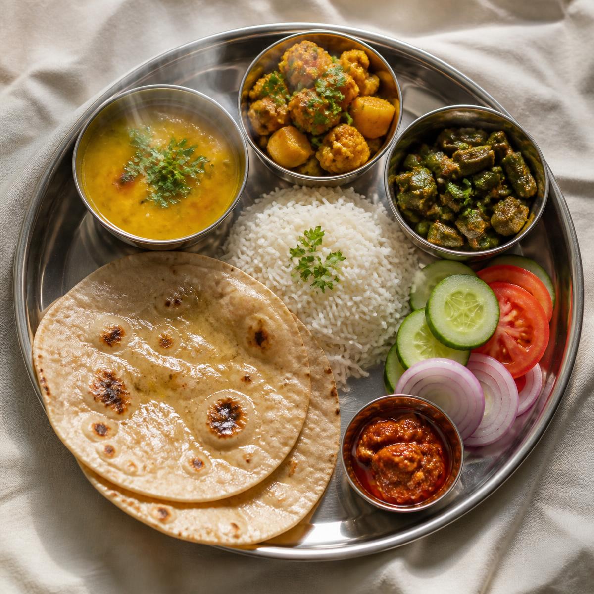 Freshly served homemade vegetarian thali with rotis, dal, sabzi, rice, salad and achar